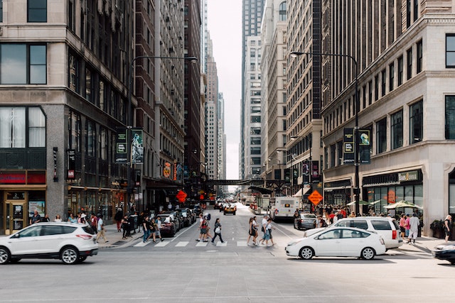 people crossing city street